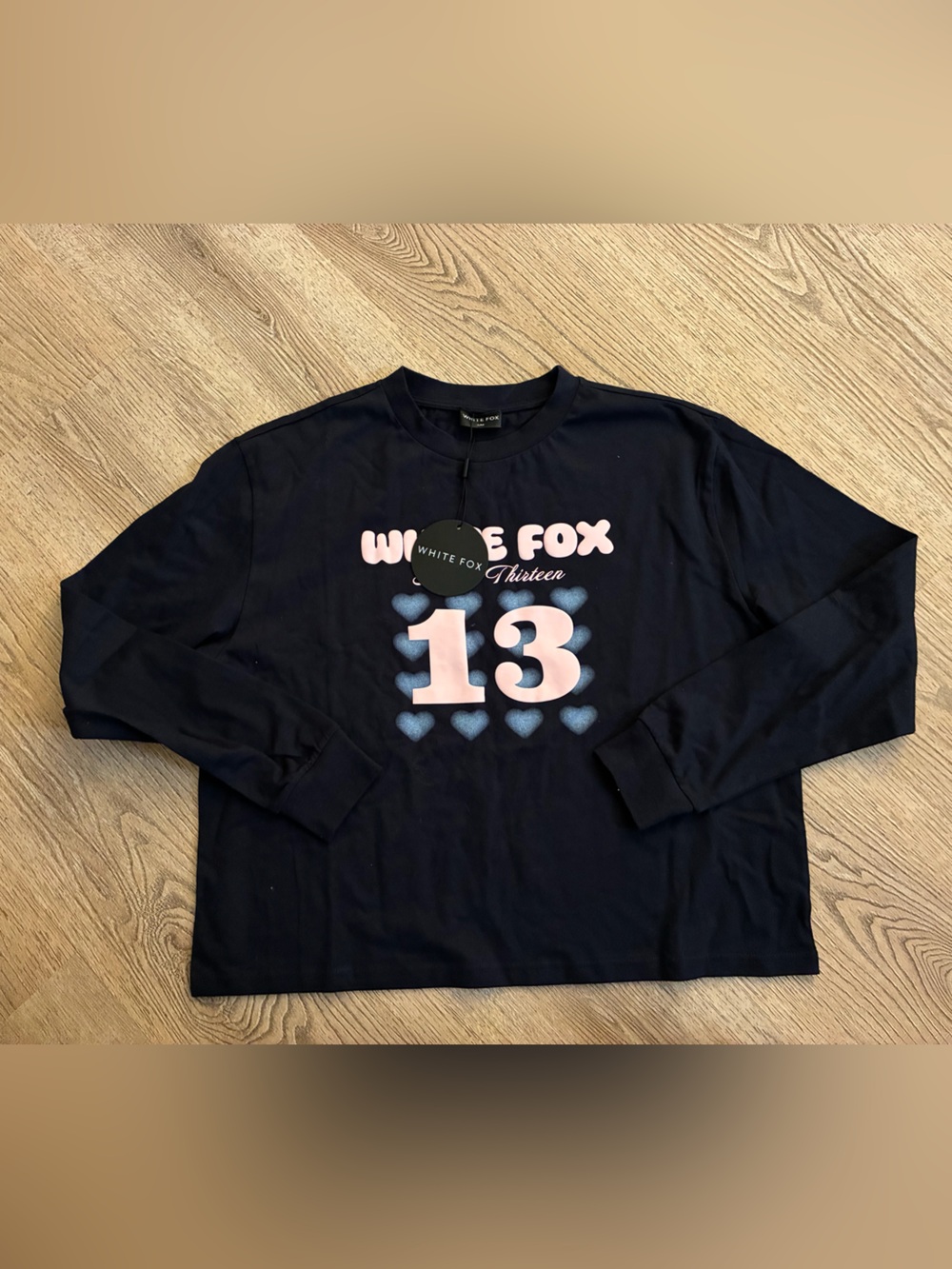 White Fox Boutique Navy Sweatshirt with Pink '13' and Blue Hearts